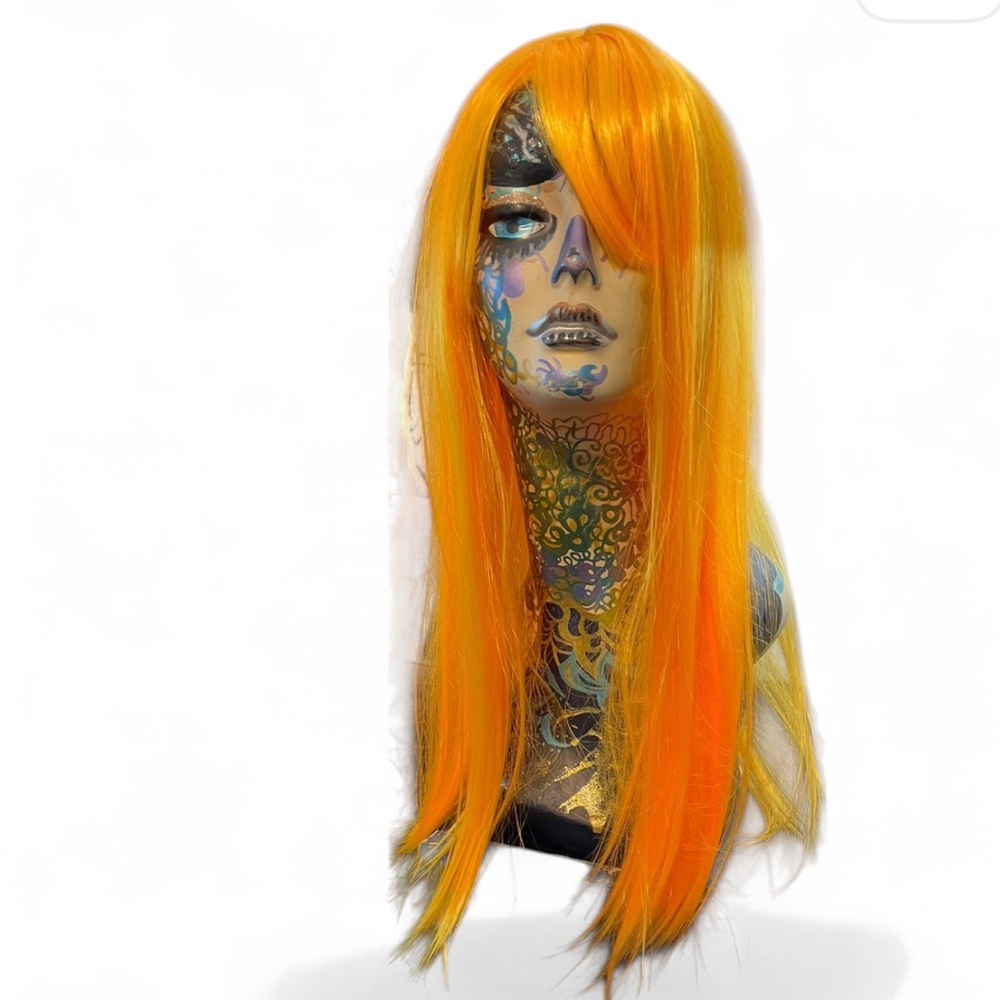 NWT Bright Orange Faux long hair with curtain fringe Wig